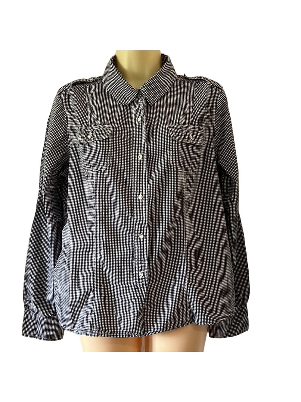 Navy Blue & White Gingham Check Blouse Woman Size Medium Preppy Button Up